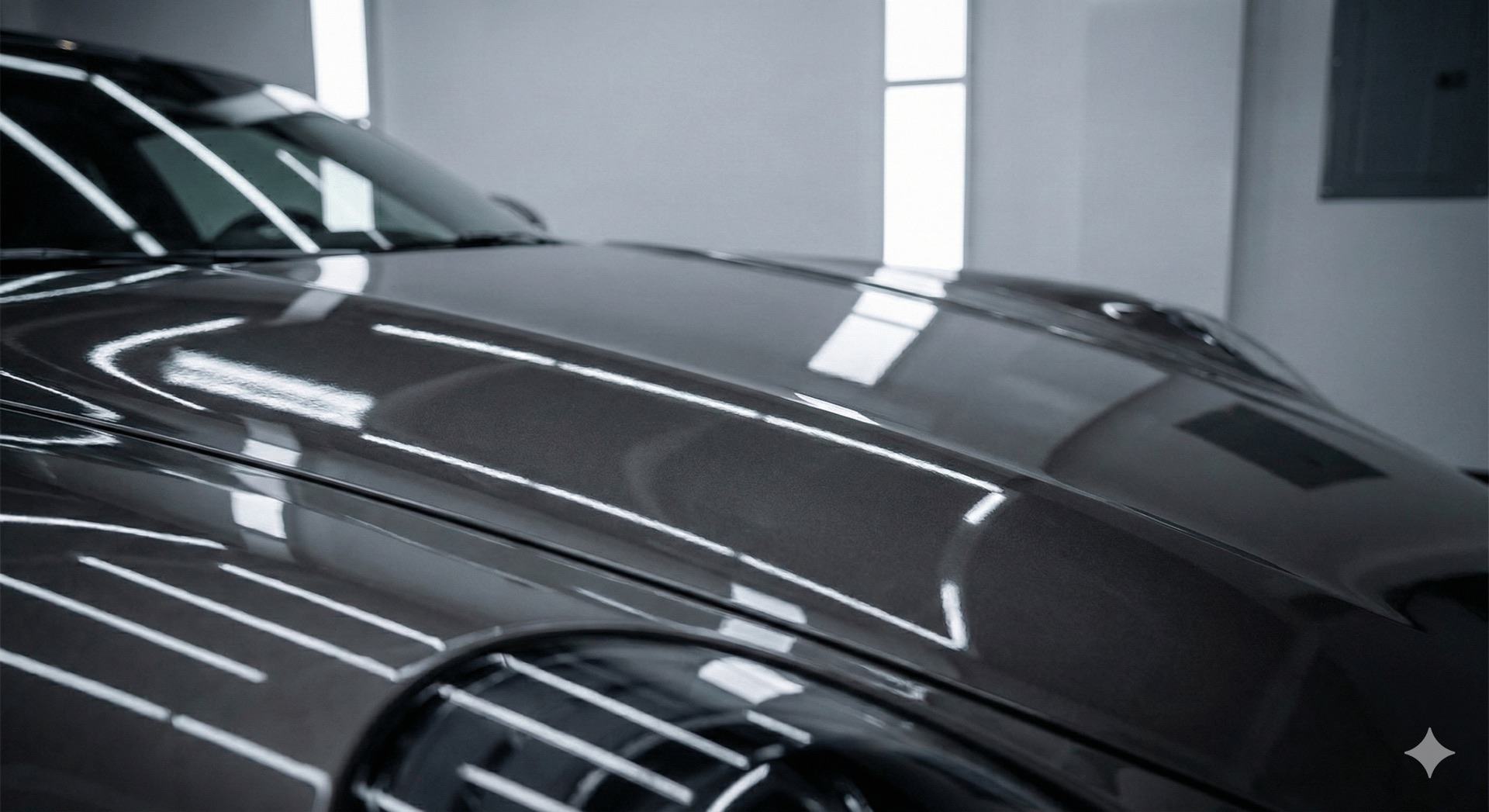 Eine glänzende, dunkle Motorhaube eines Sportwagens spiegelt helle Deckenleuchten.