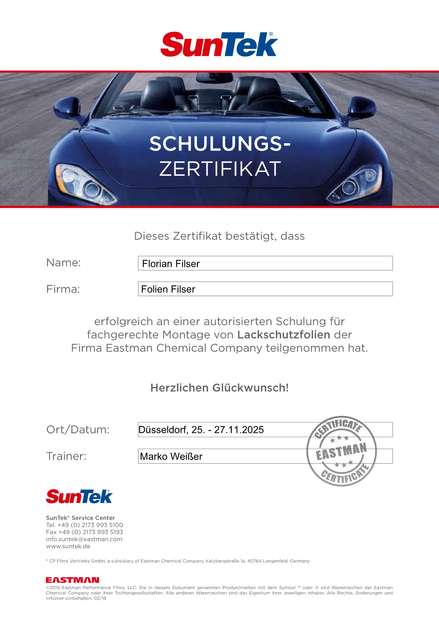 SunTek Zertifizierung Folien Filser Freising